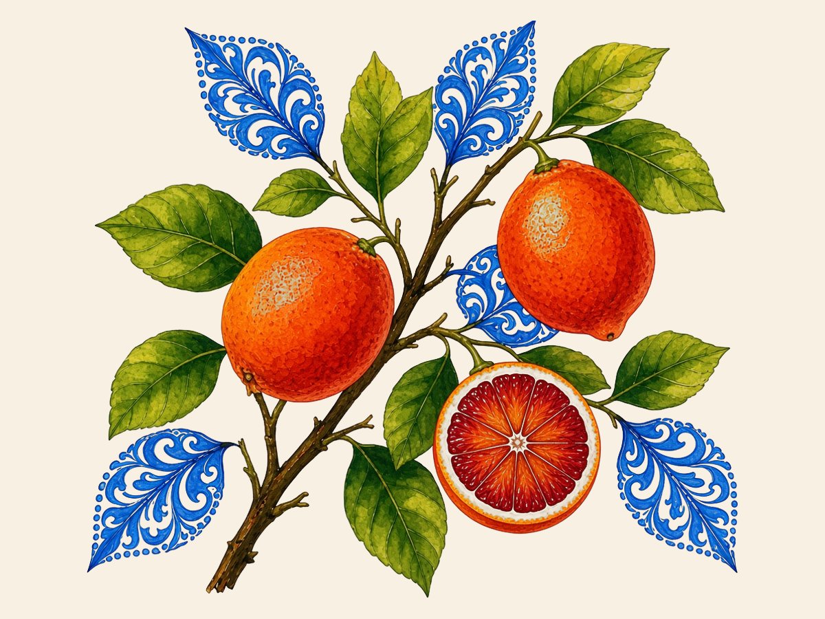 Watercolour of a lemon branch with three lemons; some of the leaves are painted with blue majolica patterns